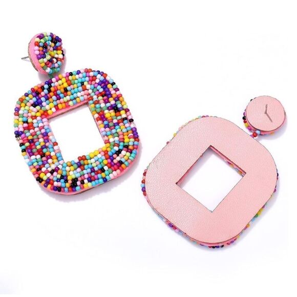 Square Confetti Beaded Faux Leather Boho Dangling Drop Statement Post Earrings - Picture 5 of 6